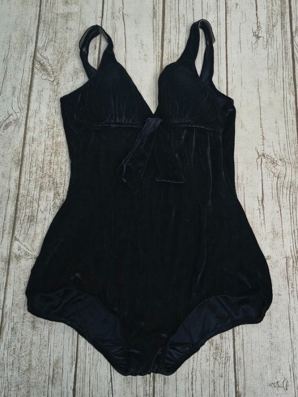 Maxine of Hollywood Vintage 70s 80s Black Velour Pinup Swimsuit Size 38